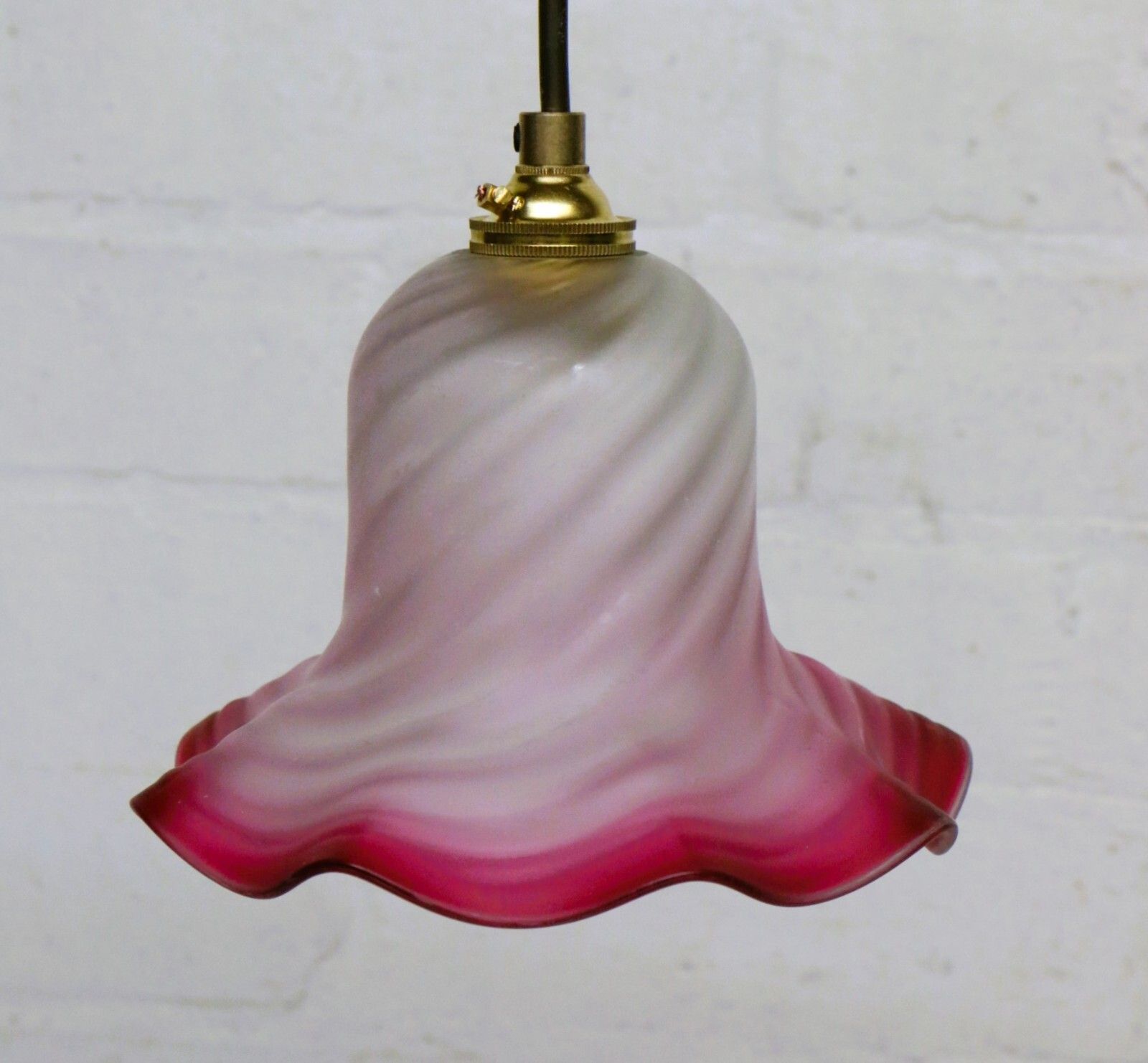 Ceiling Light Small Antique Swirled Cranberry Glass Pendant Frosted Coloured Rim photo for sale