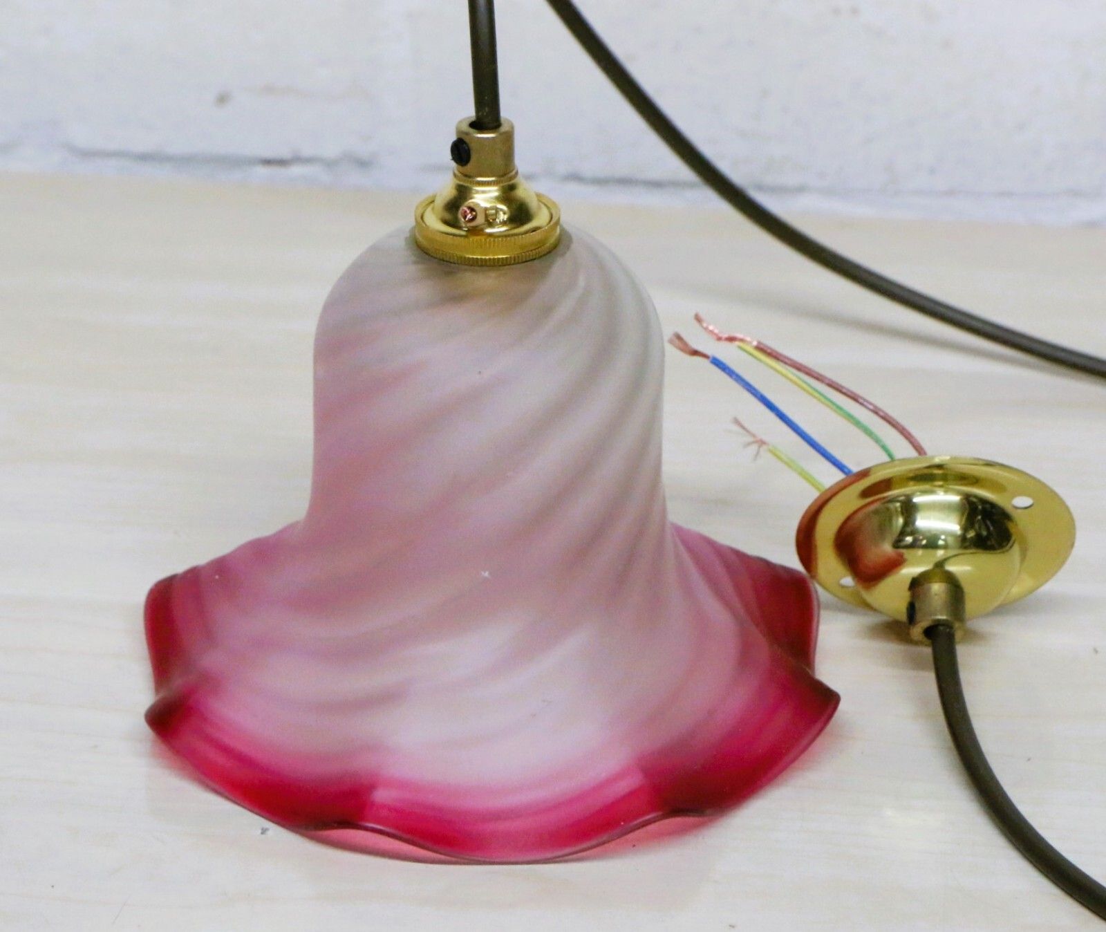 Ceiling Light Small Antique Swirled Cranberry Glass Pendant Frosted Coloured Rim photo 75.0