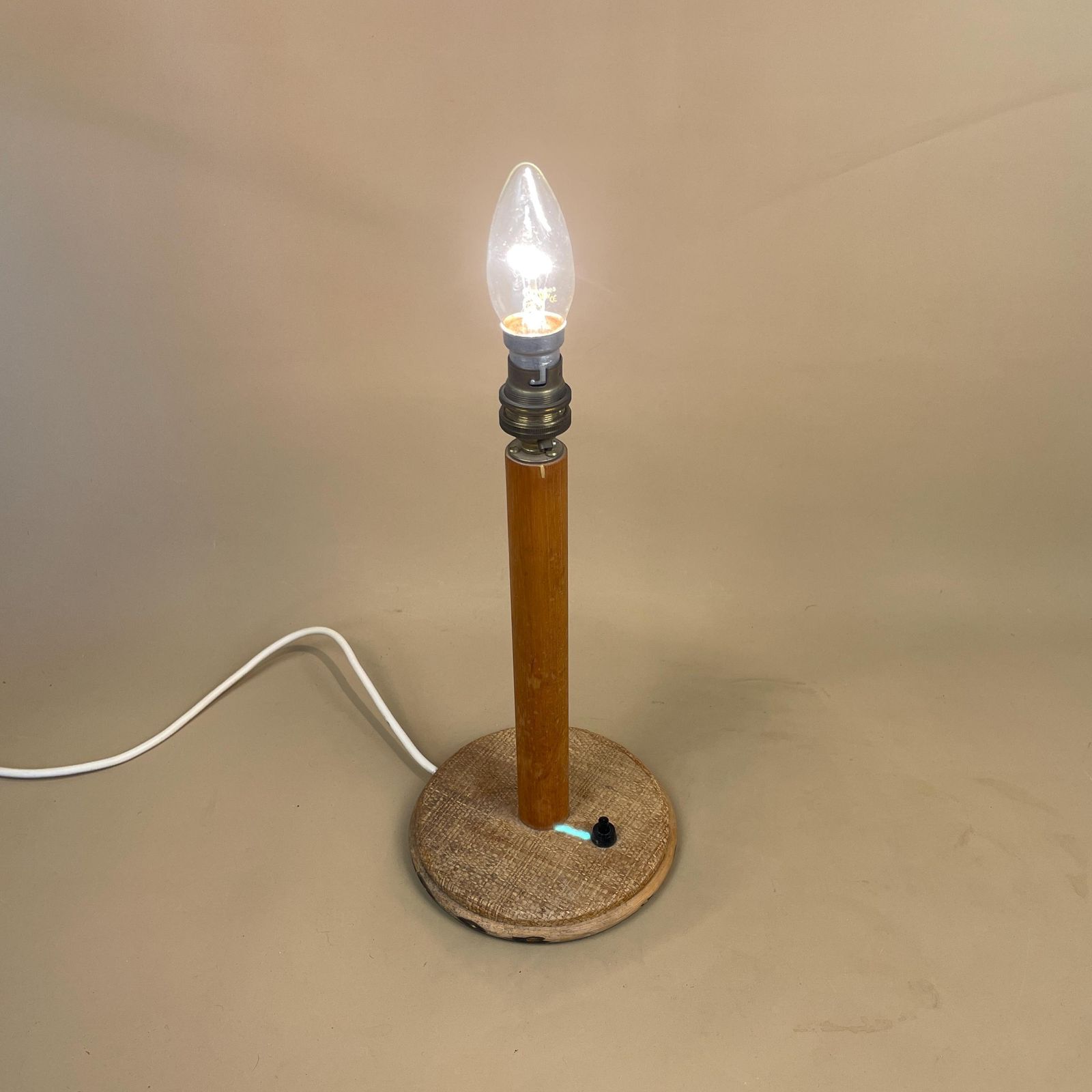 Vintage Wood Lamp Wooden Light Table Cottage Brown Farmhouse Cottage Antique Woven Textured Round Base Black Switch photo vintage