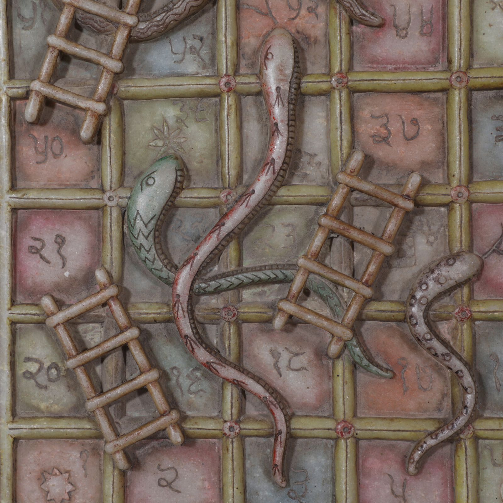 Antique Marble Moksha Patam Board – 19th Century Indian Snakes & Ladders Game | Hand Carved Gyan Chaupar With Devanagari Numerals & Sacred Hindu Motif photo for sale