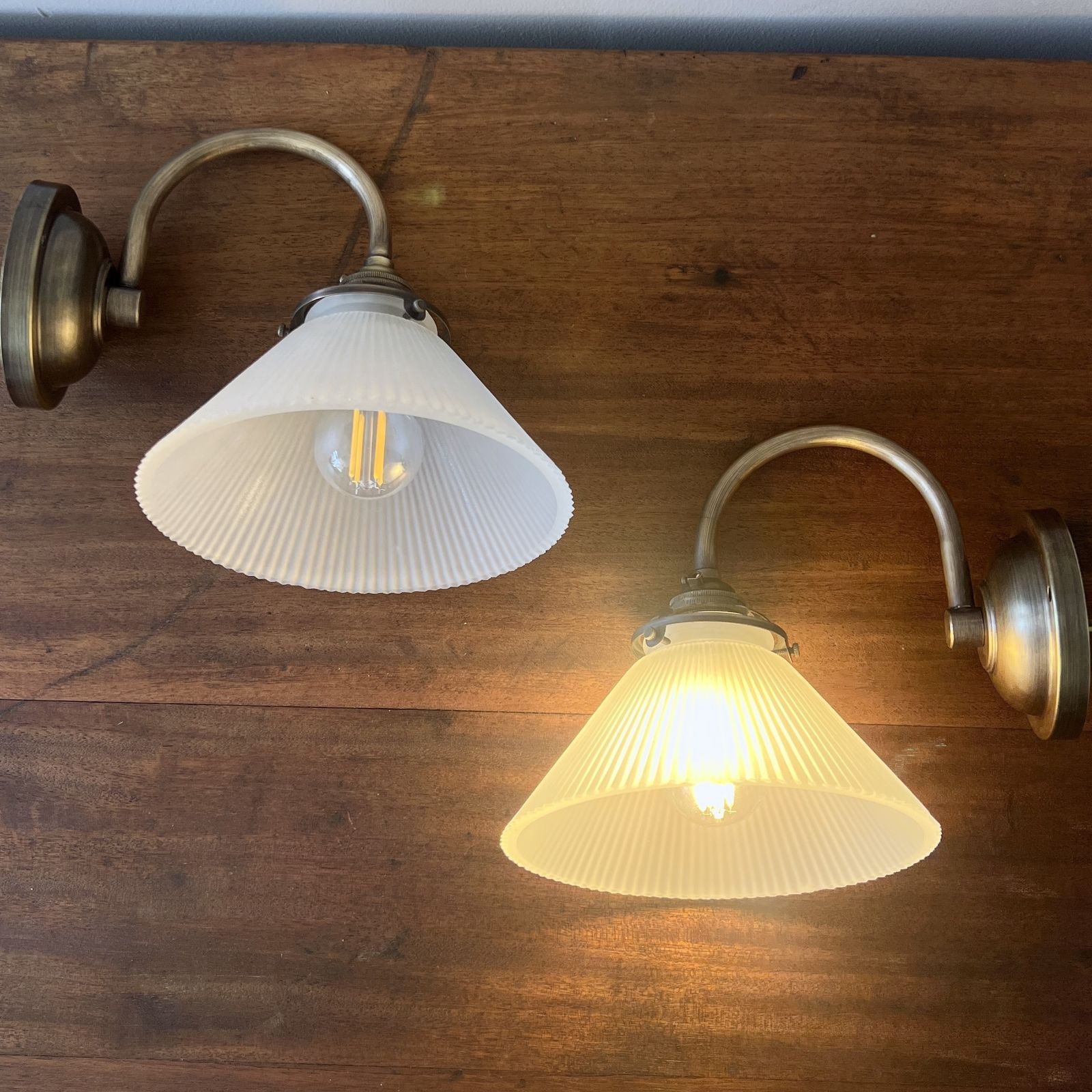 Newly Made Antique Brushed Brass Wall Lights With Contemporary Frosted Conical Shades photo 135.0