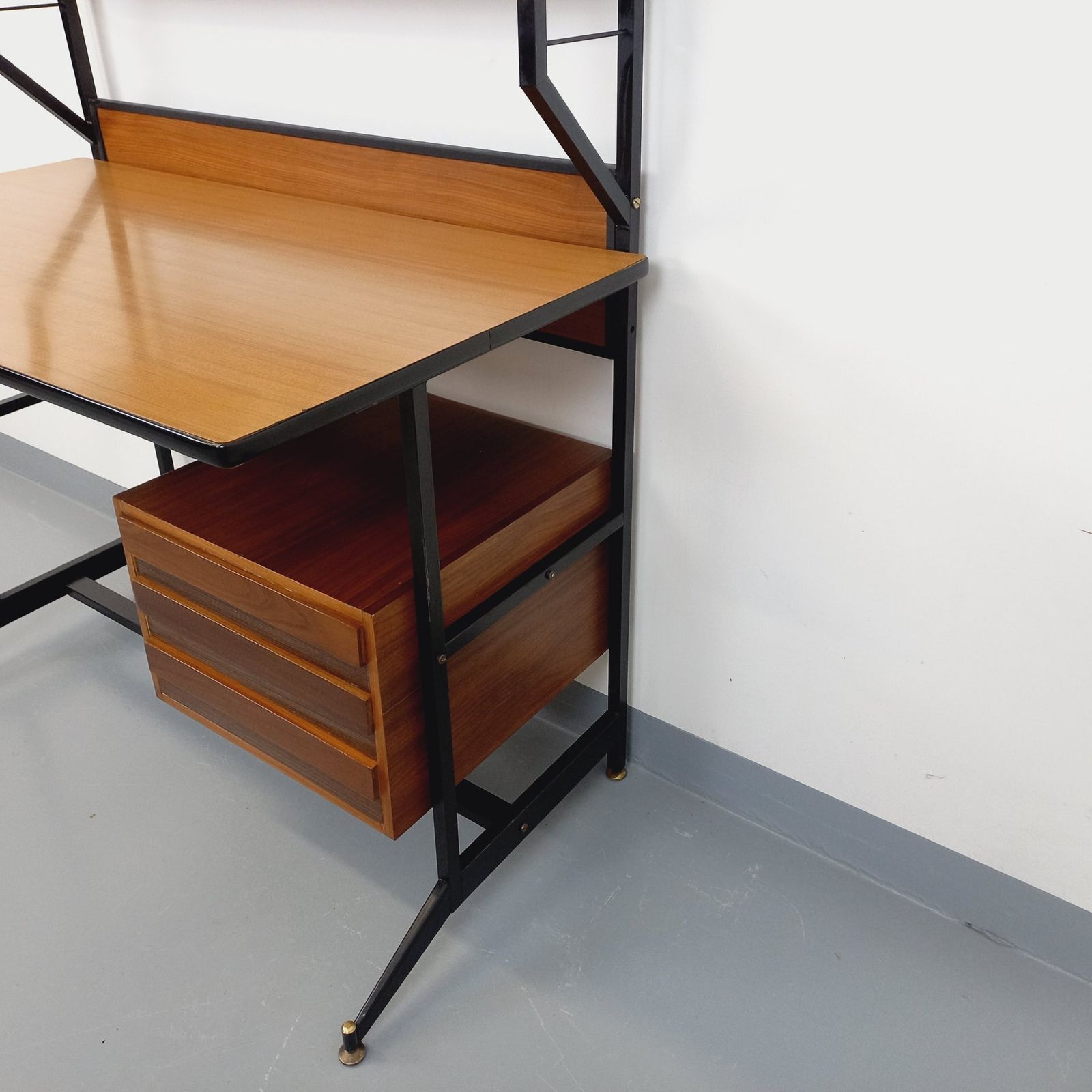 Desk With String Bookcase In Teak, Metal And Melamine photo for sale