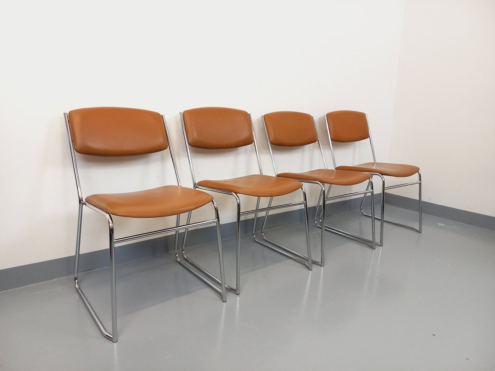 4 Chrome Metal And Cognac Leatherette Sled Chairs photo furniture