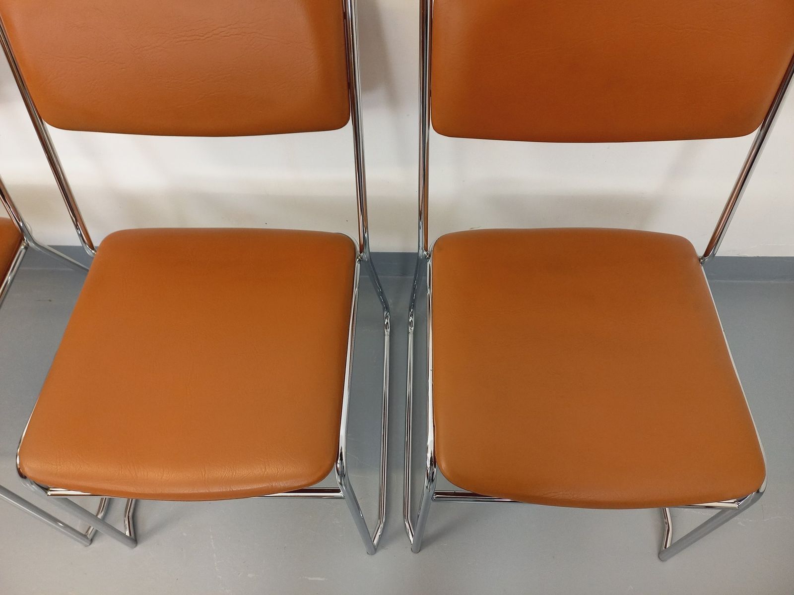 Furniture 4 Chrome Metal And Cognac Leatherette Sled Chairs photo