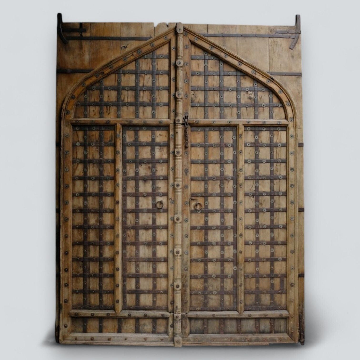 Antique Indian 18th Century Mughal Fort Door – Monumental Arched Teak Wood Entry With Hand Forged Iron Studwork | Indo Islamic Architectural Salvage