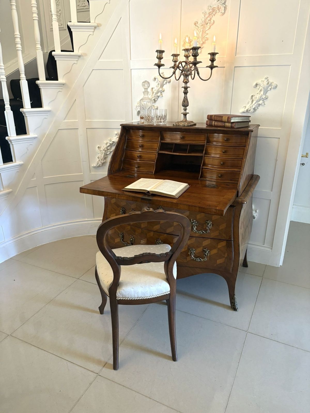 Outstanding Quality Antique 18th Century French Walnut Inlaid Parquetry Bombe Shaped Bureau photo Furniture
