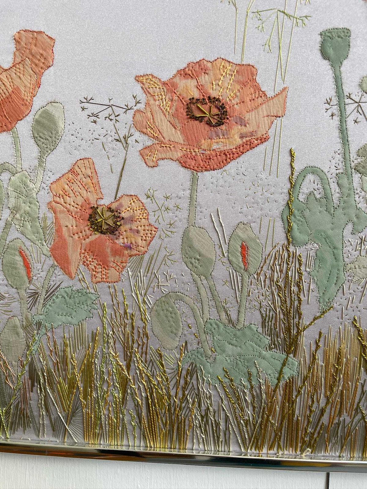 80s Needlework Art Of Poppies And Grass In A Muted Blue Grey Scene By Mary Boughey photo vinterior