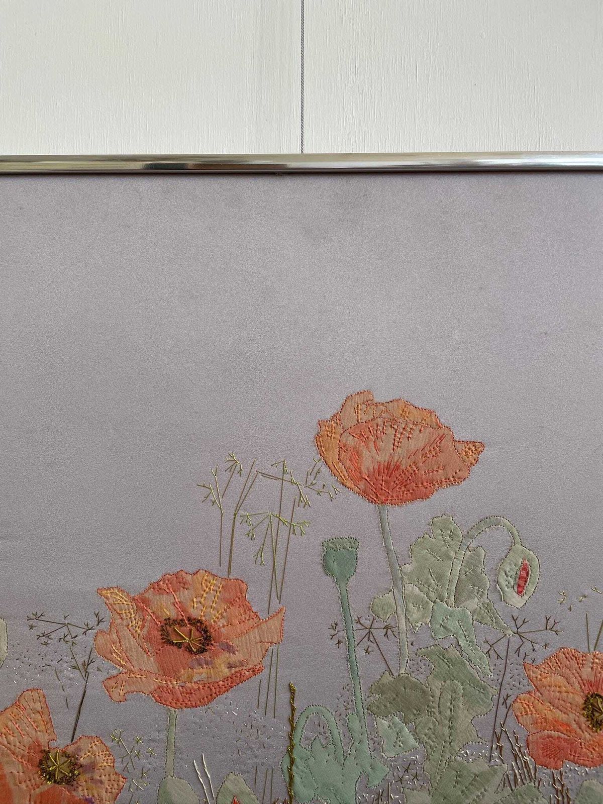 80s Needlework Art Of Poppies And Grass In A Muted Blue Grey Scene By Mary Boughey photo vintage