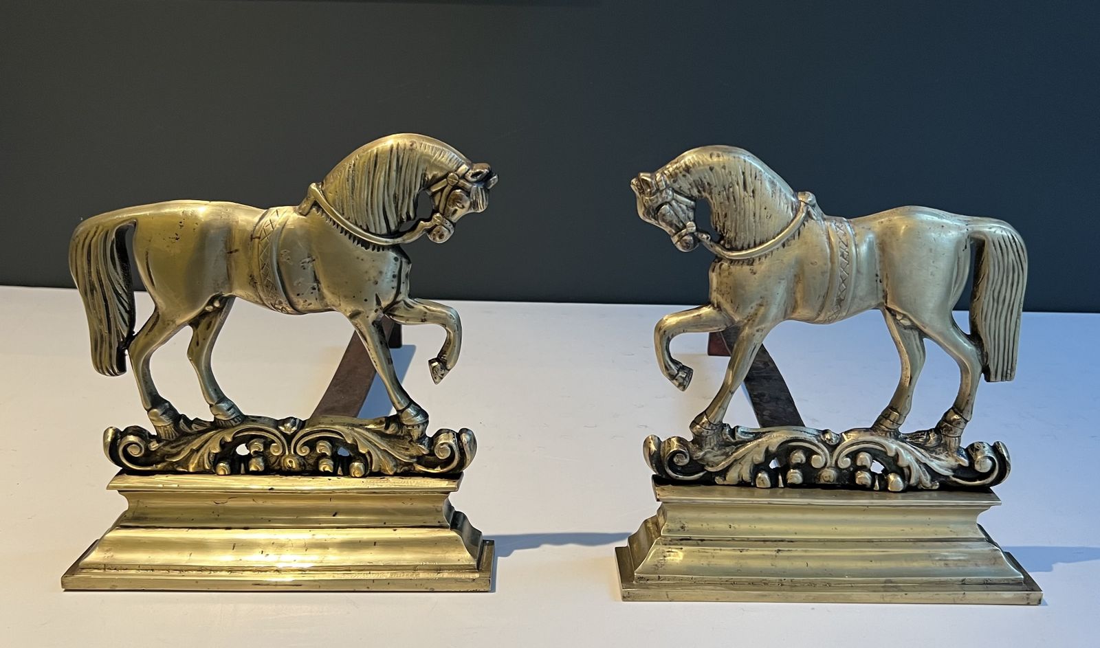 Pair Of Bronze Horse Andirons, 1970s