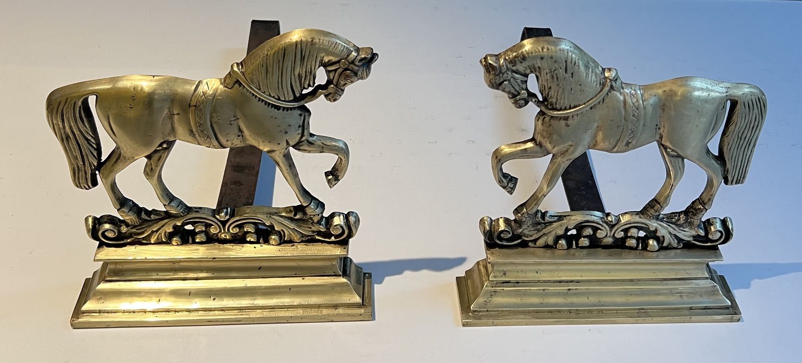 2450.0 Pair Of Bronze Horse Andirons, 1970s photo