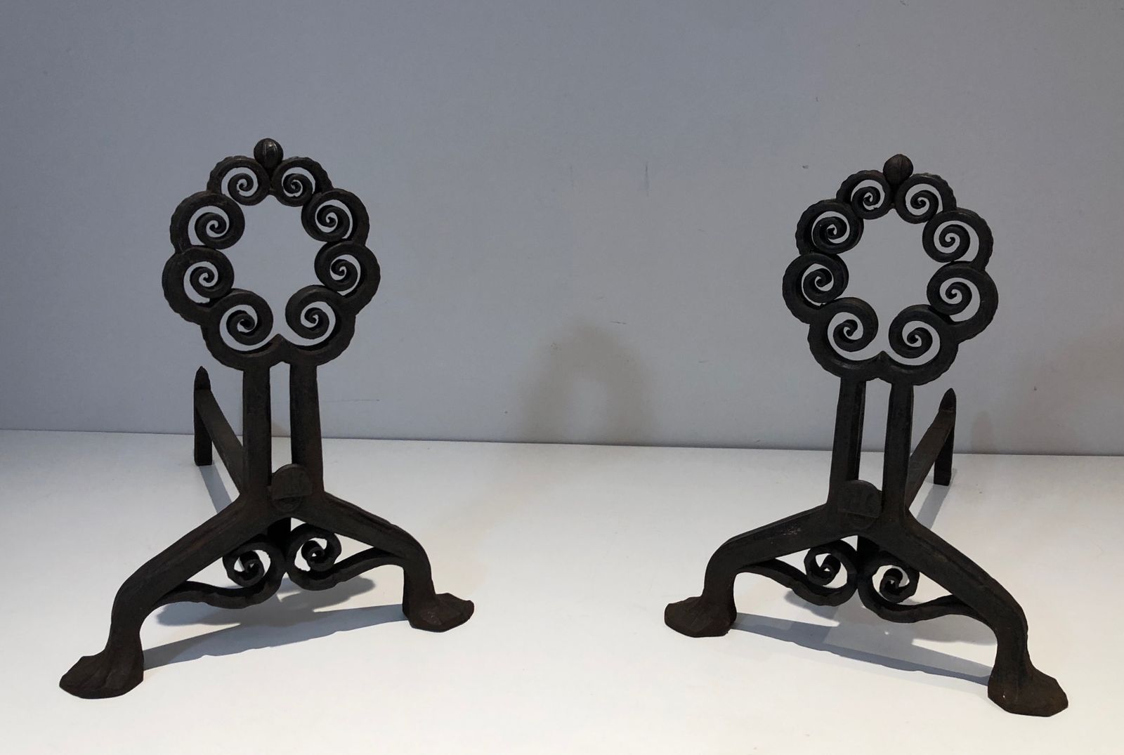 Pair Of Art Nouveau Hammered Wrought Iron Andirons Signed Wanner Geneva photo furniture