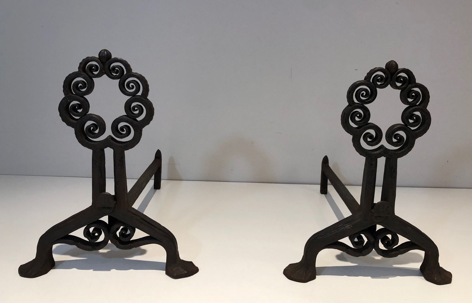 3450.0 Pair Of Art Nouveau Hammered Wrought Iron Andirons Signed Wanner Geneva photo