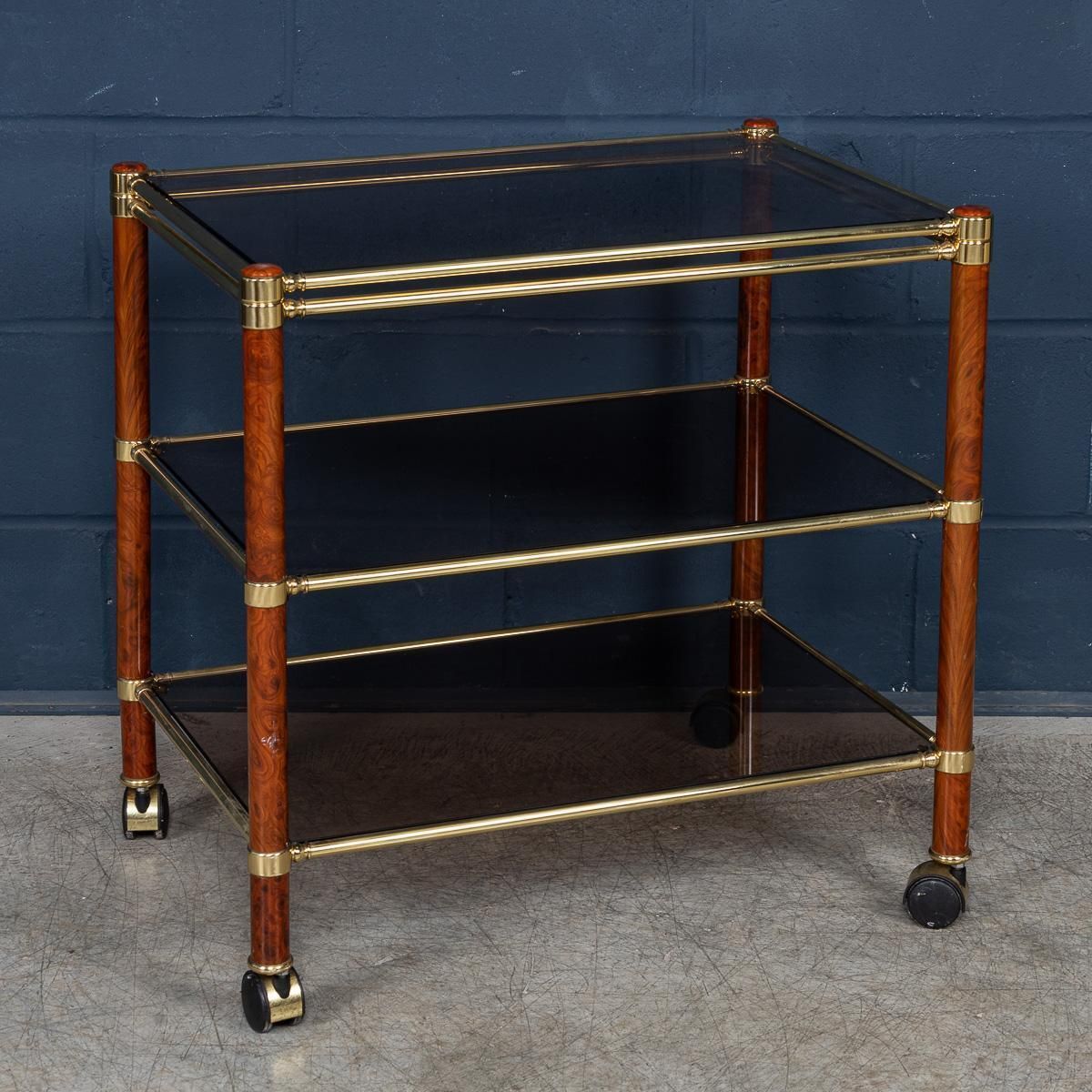 Vintage 20th Century Italian Brass & Smoked Glass Drinks Trolley C.1980 photo furniture