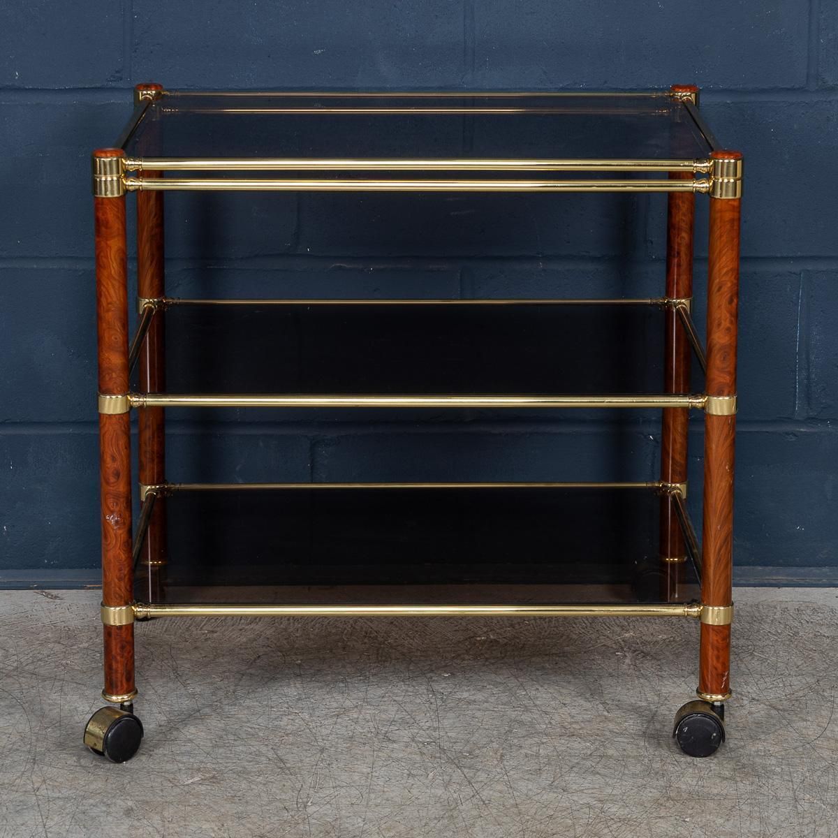Vintage 20th Century Italian Brass & Smoked Glass Drinks Trolley C.1980 photo Furniture