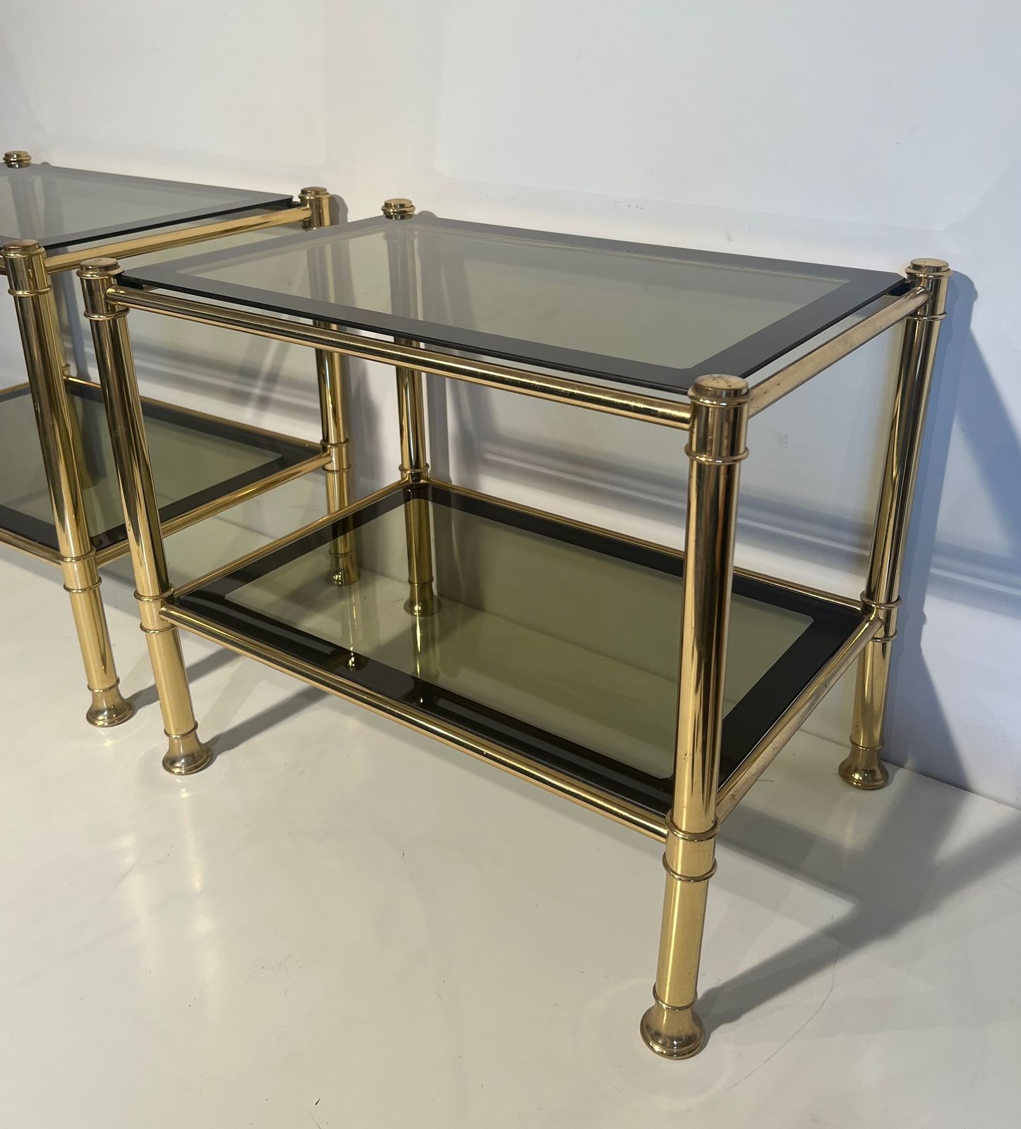 Pair Of Brass End Tables With Smoked Glass Trays. Circa 1970 photo Furniture