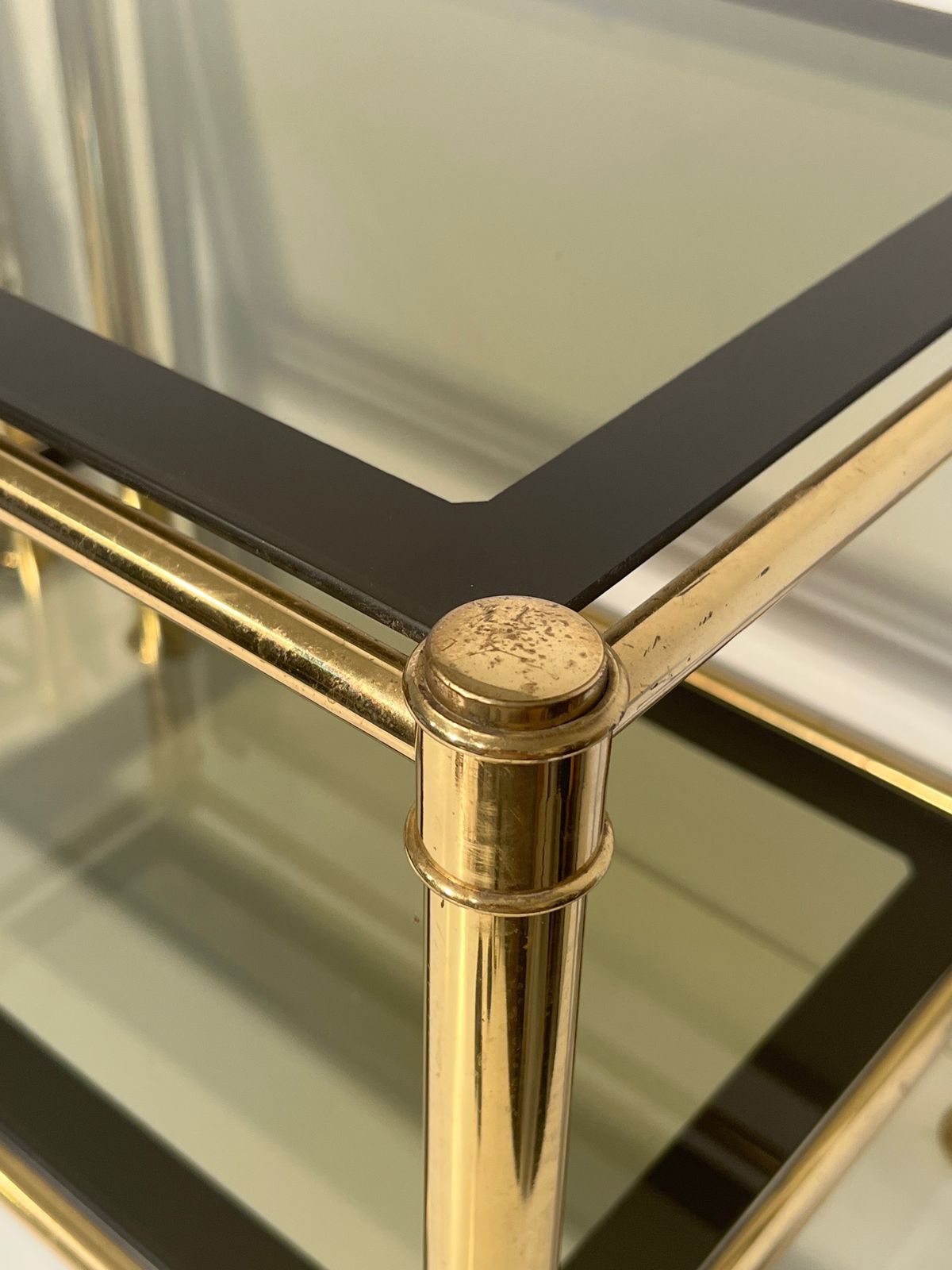 Pair Of Brass End Tables With Smoked Glass Trays. Circa 1970 photo 2250.0