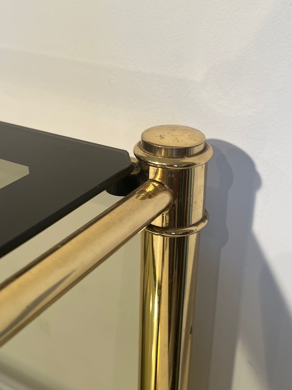 Pair Of Brass End Tables With Smoked Glass Trays. Circa 1970 photo buy
