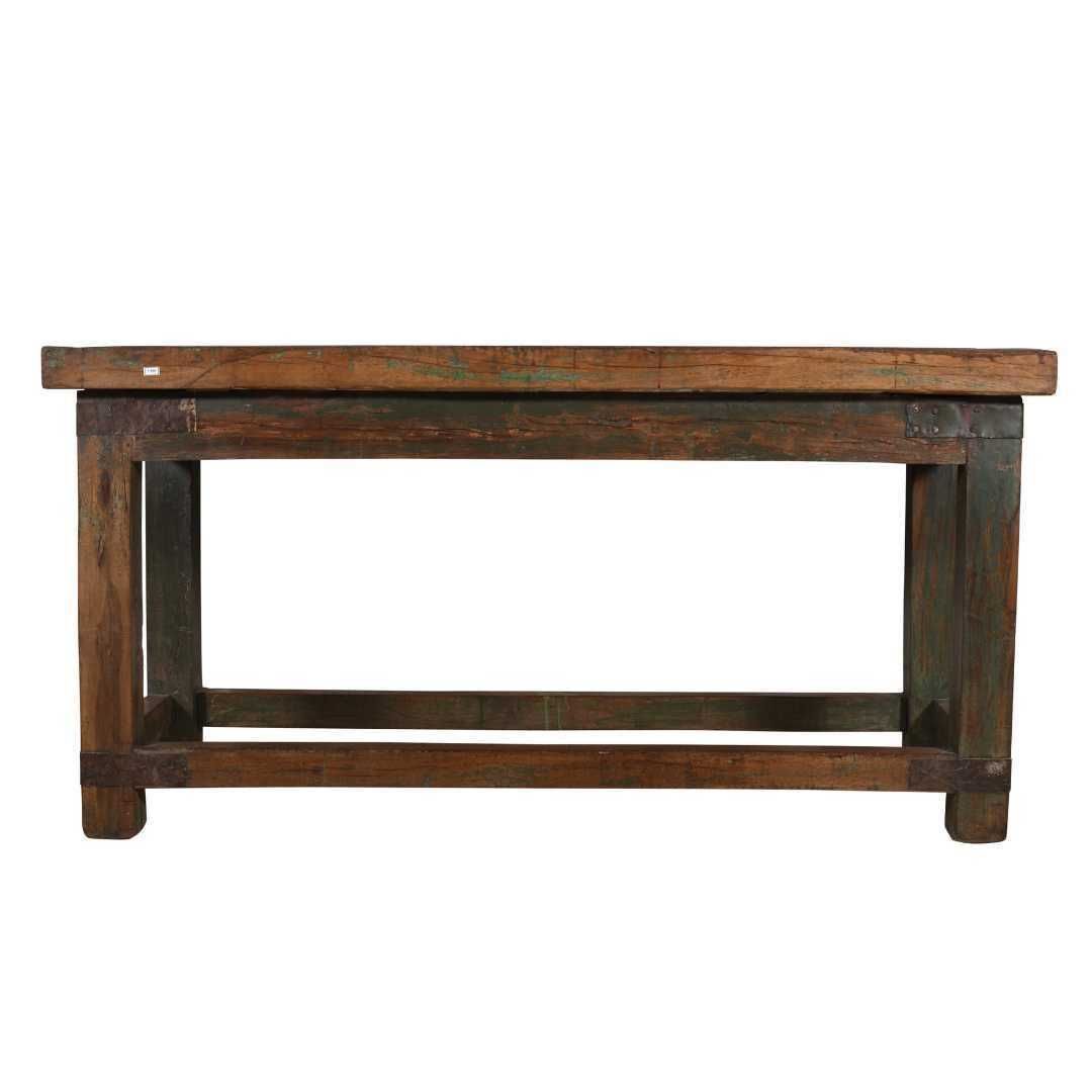 Antique Forest Green Teak Kitchen Table – Indian Industrial Work Bench, Gujarat C1880 photo for sale