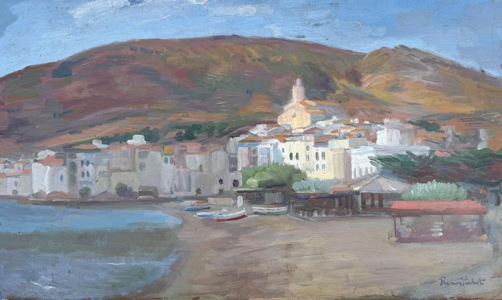 View Of Cadaqués Oil On Board Painting Mediterranean Landscape Spain