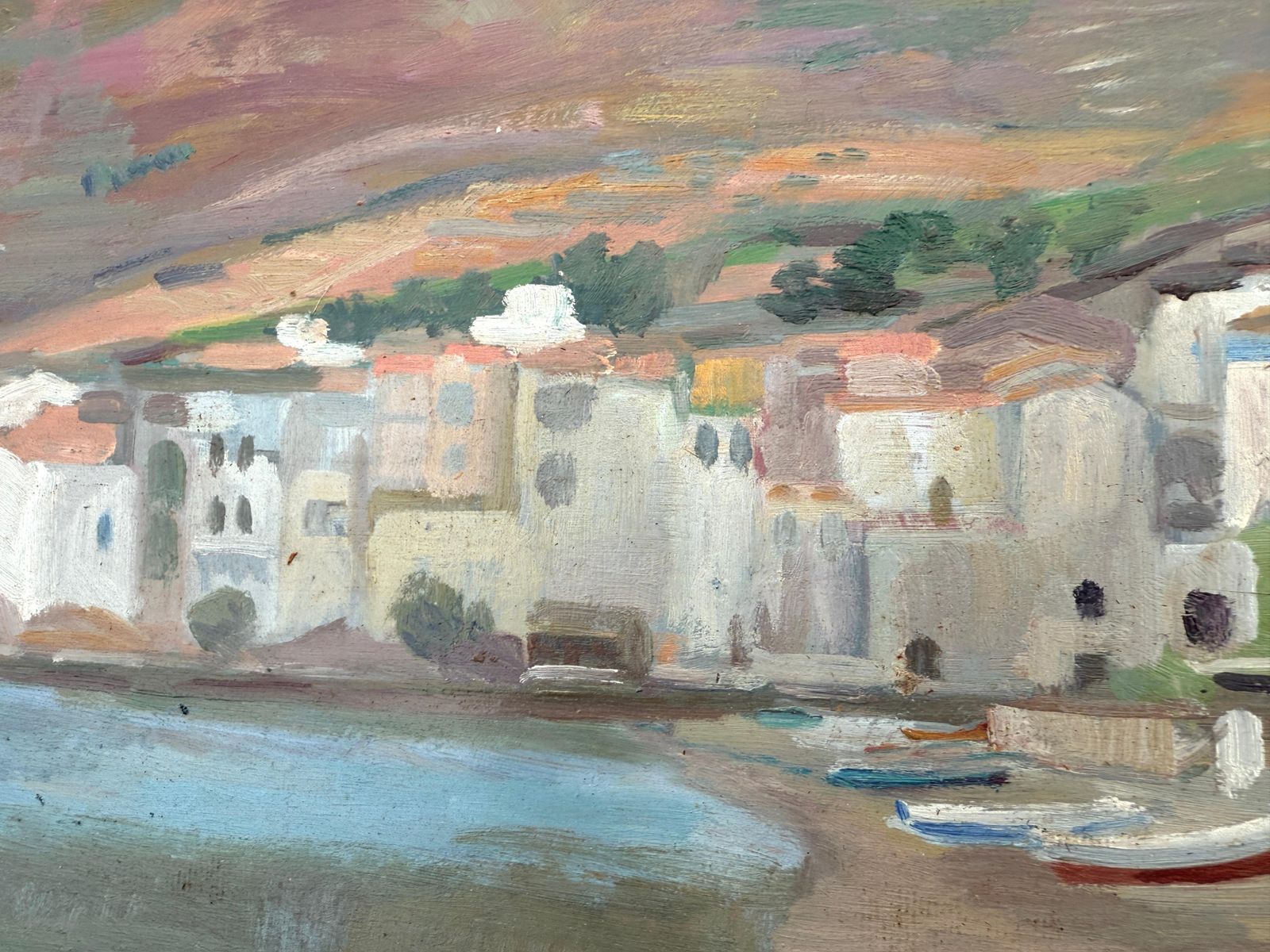 View Of Cadaqués Oil On Board Painting Mediterranean Landscape Spain photo vinterior