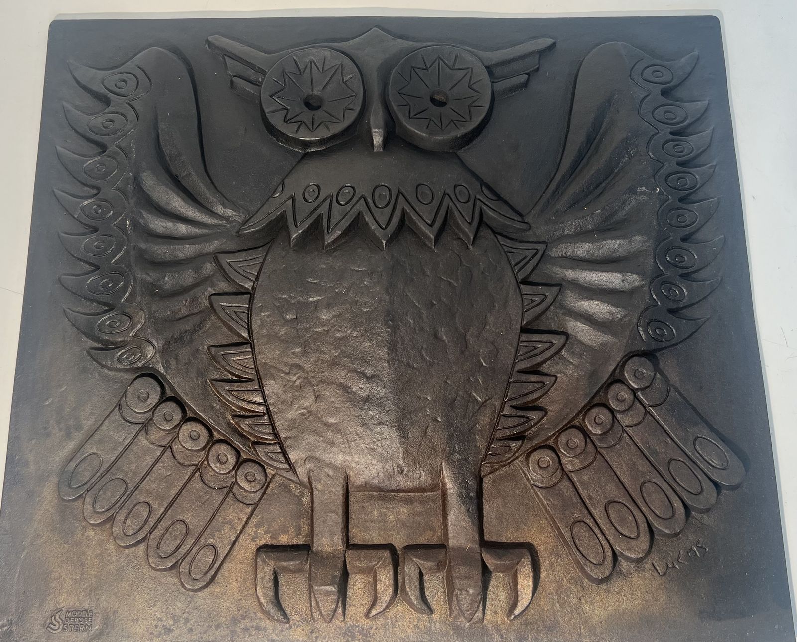Home Fixtures Modernist Cast Iron Fireplace Plate Owl Model Signed Lucas photo