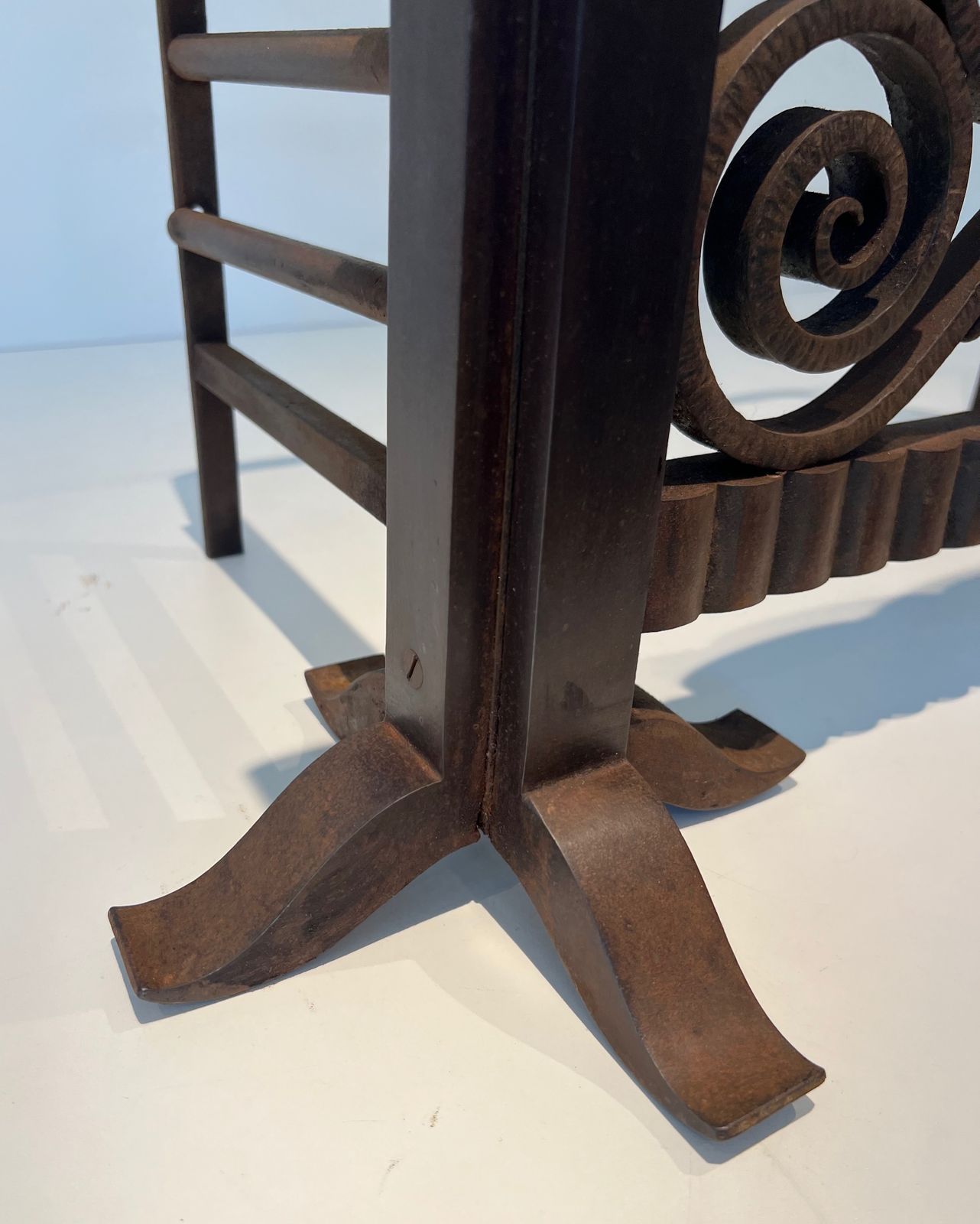 Log Basket Or Andirons In Hammered Wrought Iron And Chrome In The Style Of Edgar Brandt. Circa 1930 photo buy