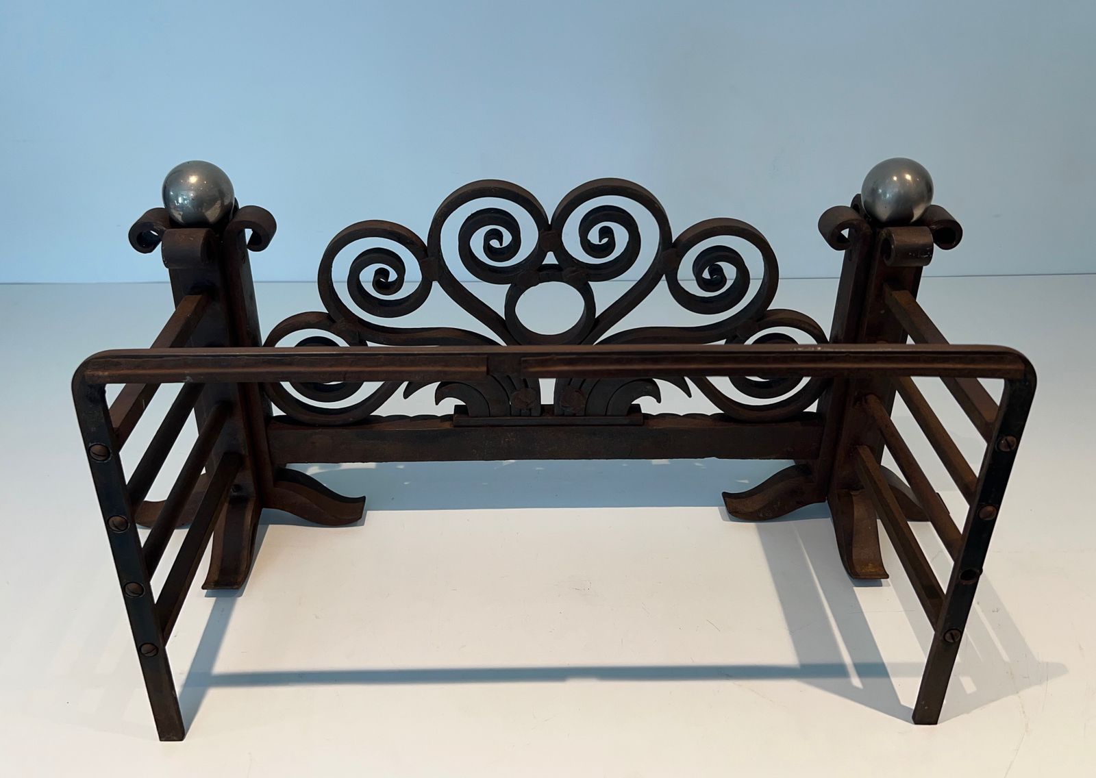 2950.0 Log Basket Or Andirons In Hammered Wrought Iron And Chrome In The Style Of Edgar Brandt. Circa 1930 photo