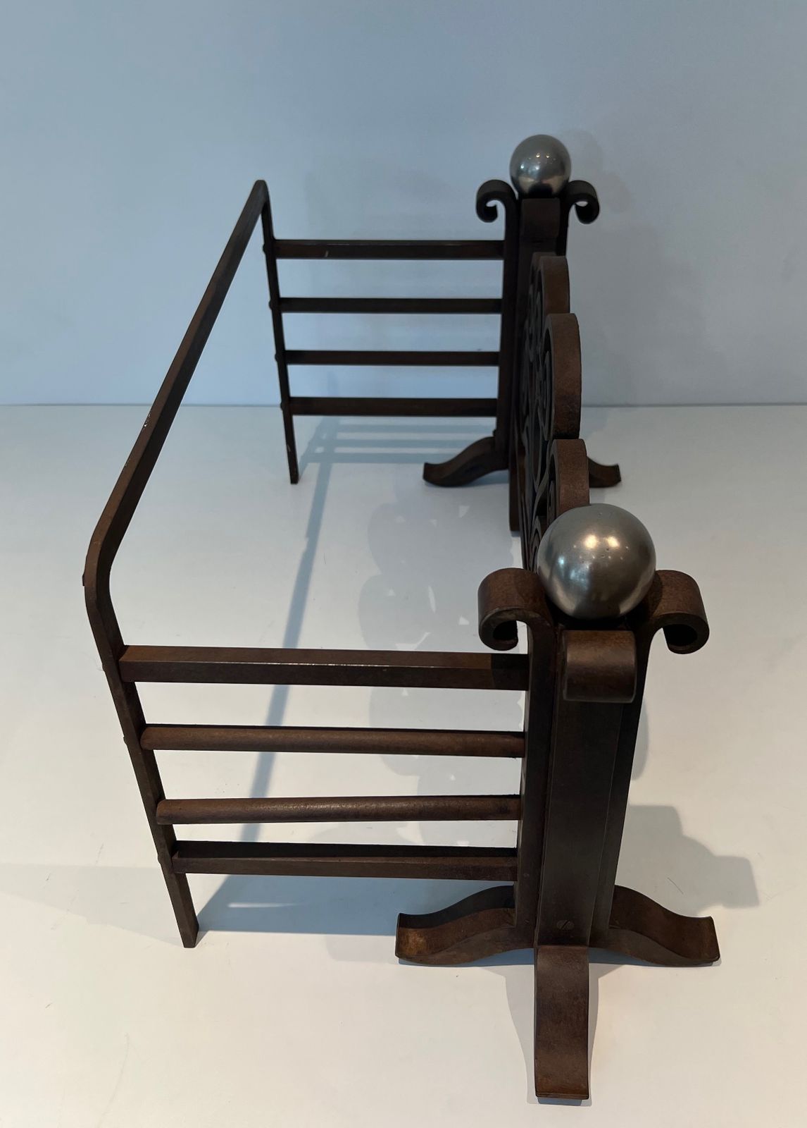 photo vintage Log Basket Or Andirons In Hammered Wrought Iron And Chrome In The Style Of Edgar Brandt. Circa 1930
