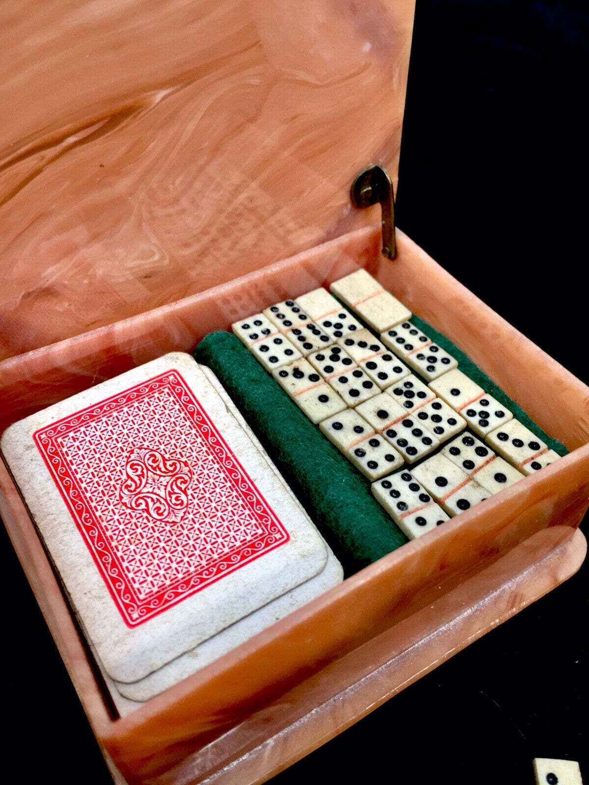 Antique Miniature Celluloid Games Box With Playing Cards And Dominos C.1930 photo Home Decor