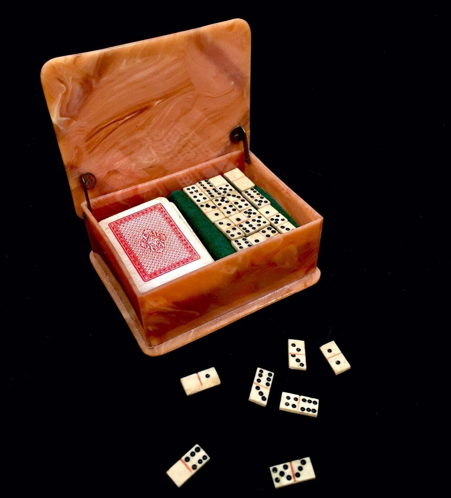 Antique Miniature Celluloid Games Box With Playing Cards And Dominos C.1930 photo 70.0
