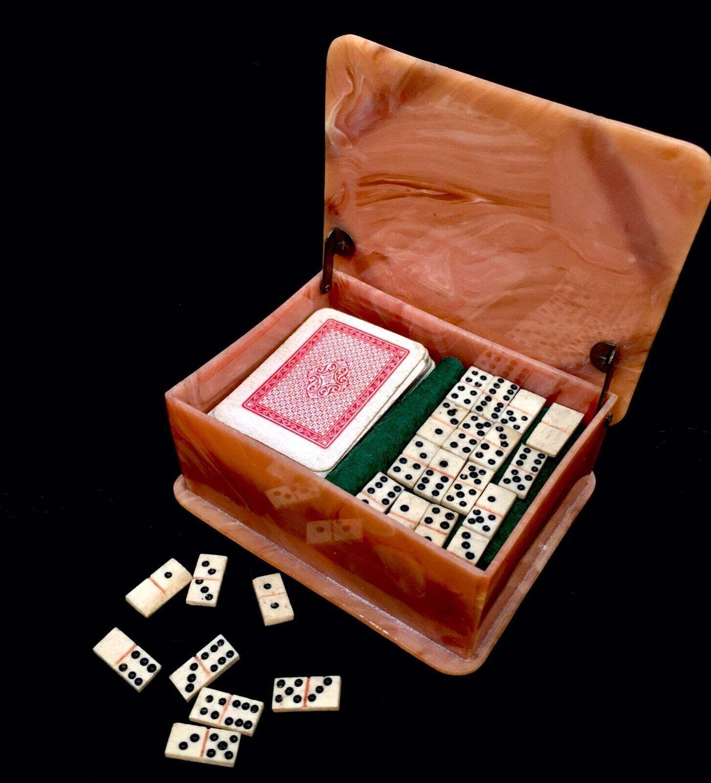 Antique Miniature Celluloid Games Box With Playing Cards And Dominos C.1930 photo vinterior