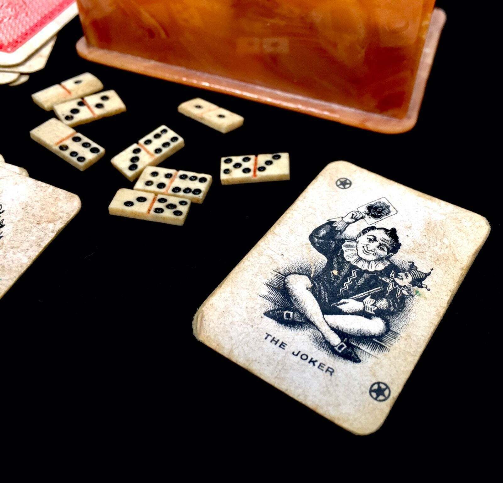 Antique Miniature Celluloid Games Box With Playing Cards And Dominos C.1930 photo buy