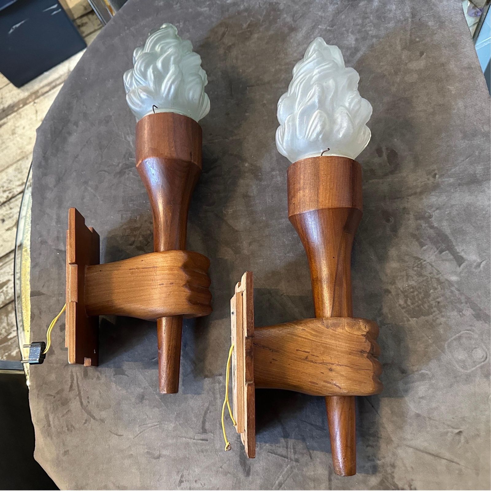 Set Of Two 1940s Art Deco Wood And Glass Italian Wall Sconces photo for sale