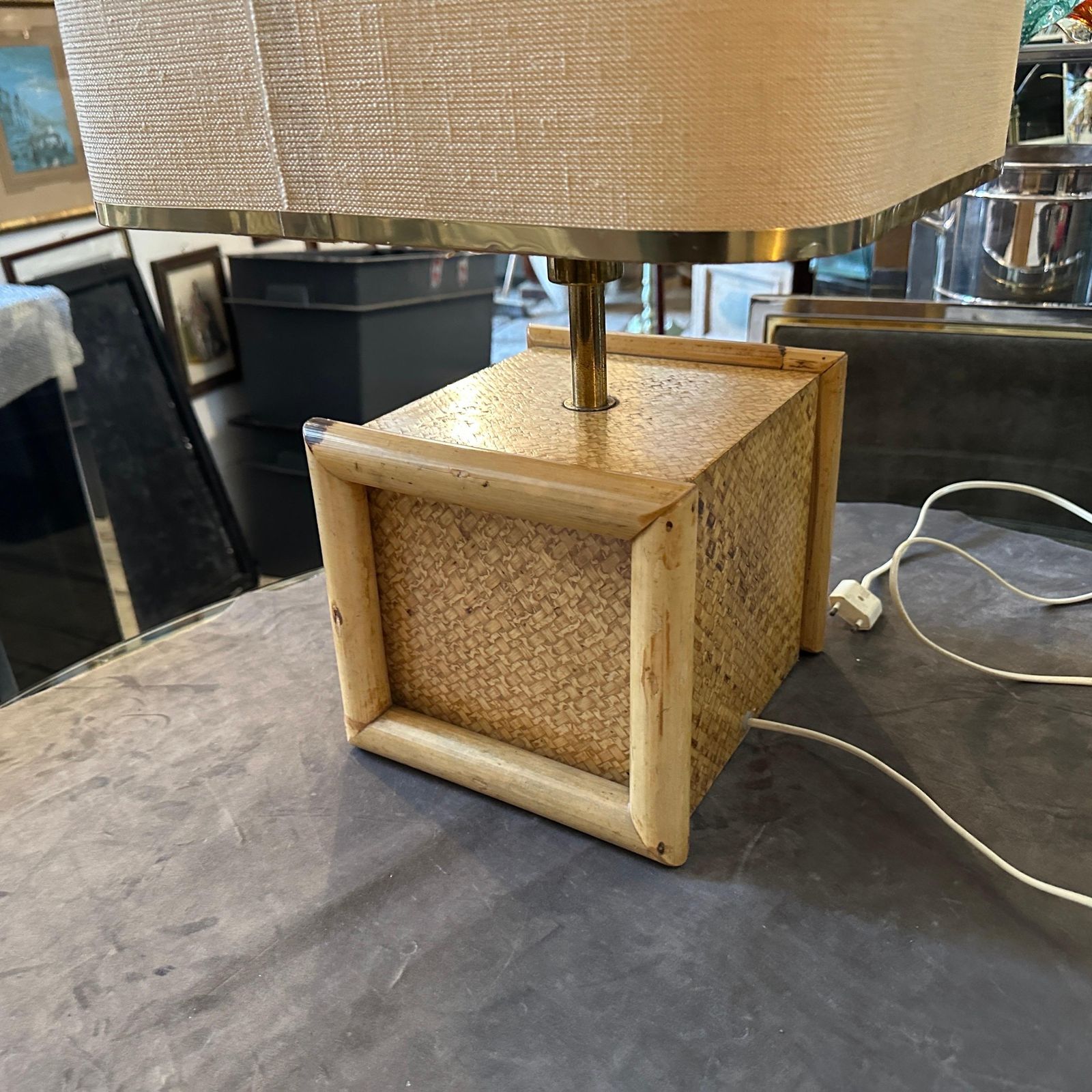 1970s Gio Batta Mid Century Modern Bamboo And Brass Italian Square Table Lamp photo for sale
