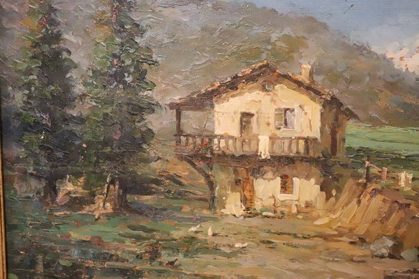 Italian Artist, Mountain Valley Landscape, Oil Painting On Plywood, Framed photo vintage