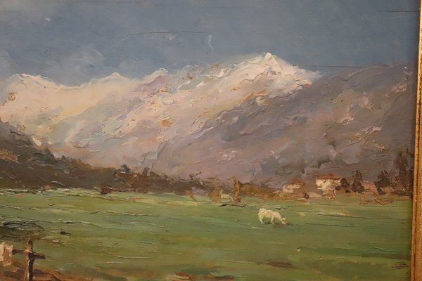 photo furniture Italian Artist, Mountain Valley Landscape, Oil Painting On Plywood, Framed