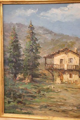 3014.0 Italian Artist, Mountain Valley Landscape, Oil Painting On Plywood, Framed photo