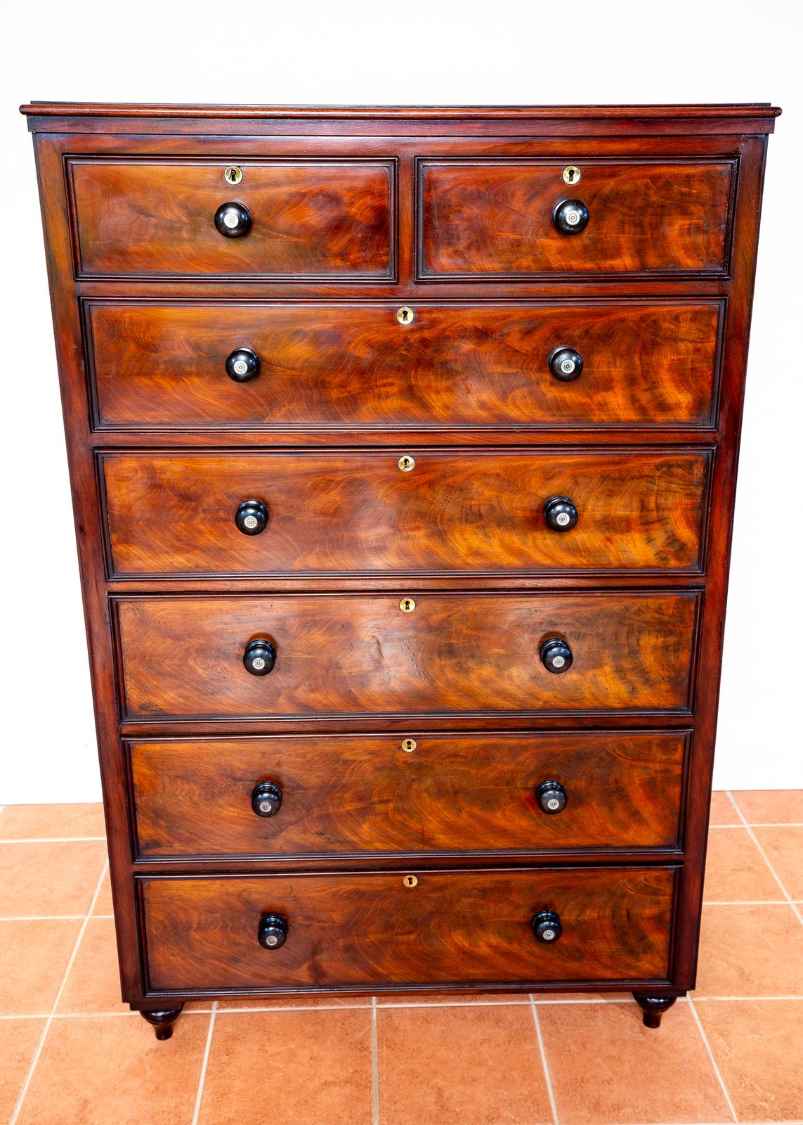 Rare Tall Antique Chest Of Drawers Flame Mahogany 1840 Country House Highboy Tallyboy 7 Drawers Biedermeier 19th Century Mother Pearl Early Victoria.N