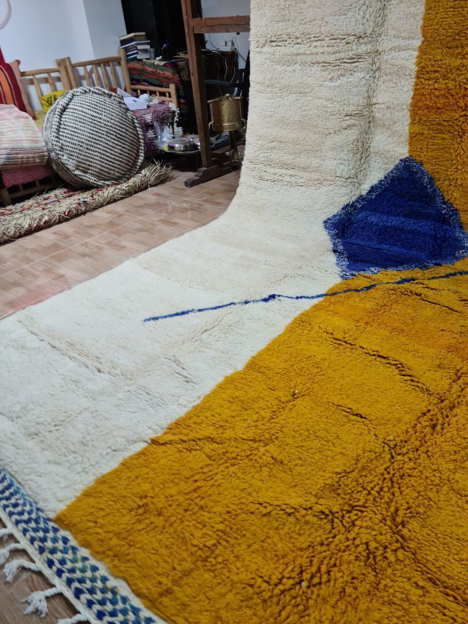 Large Handwoven Beni Ourain Moroccan Rug – 400x270 Cm – Abstract Geometric Design In Mustard, Cream & Indigo photo for sale