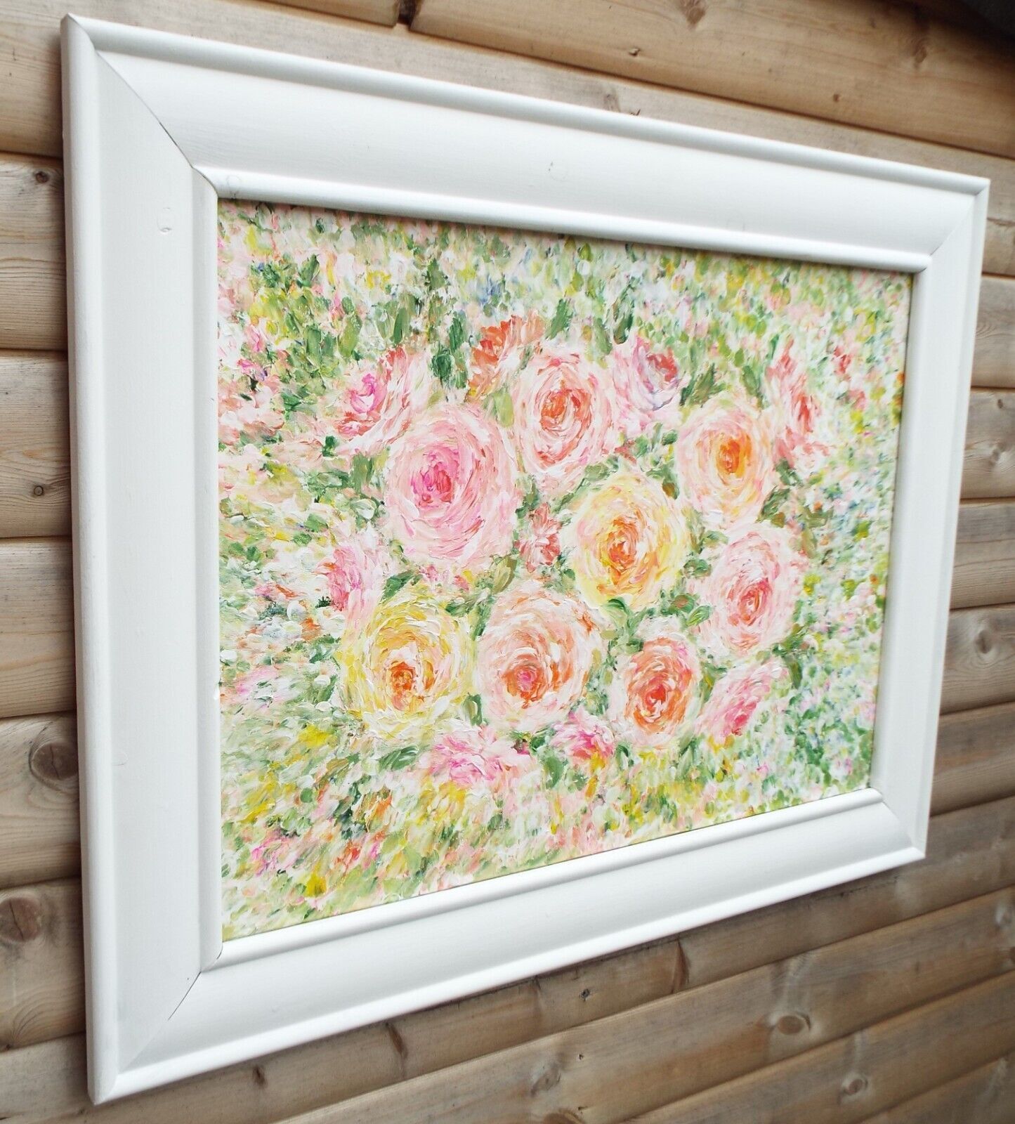 Large Pastel Roses Painting Framed Floral Signed Original Acrylic Flowers Andi photo Art
