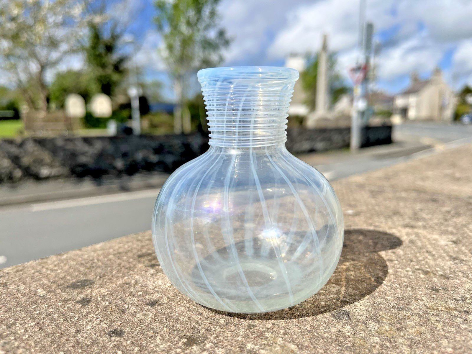 Antique 19th C Glass Opalescent Trailed Striped Miniature Bud Vase Ink Pot photo vinterior