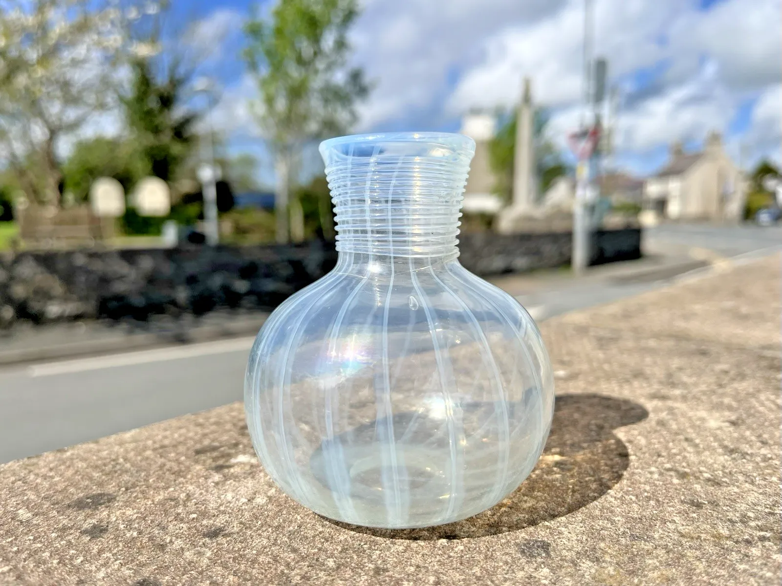 Antique 19th C Glass Opalescent Trailed Striped Miniature Bud Vase Ink Pot photo buy