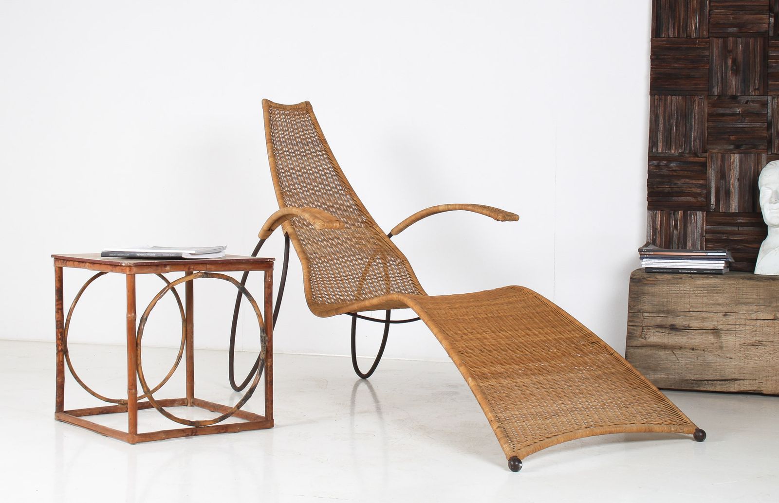 1930s Modernist Wrought Iron Frame Wicker Sun Longer Chaise With Arms And Footrest photo vinterior