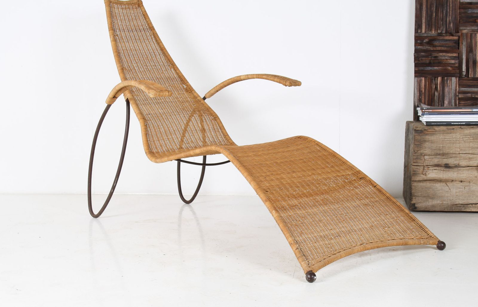 photo for sale 1930s Modernist Wrought Iron Frame Wicker Sun Longer Chaise With Arms And Footrest