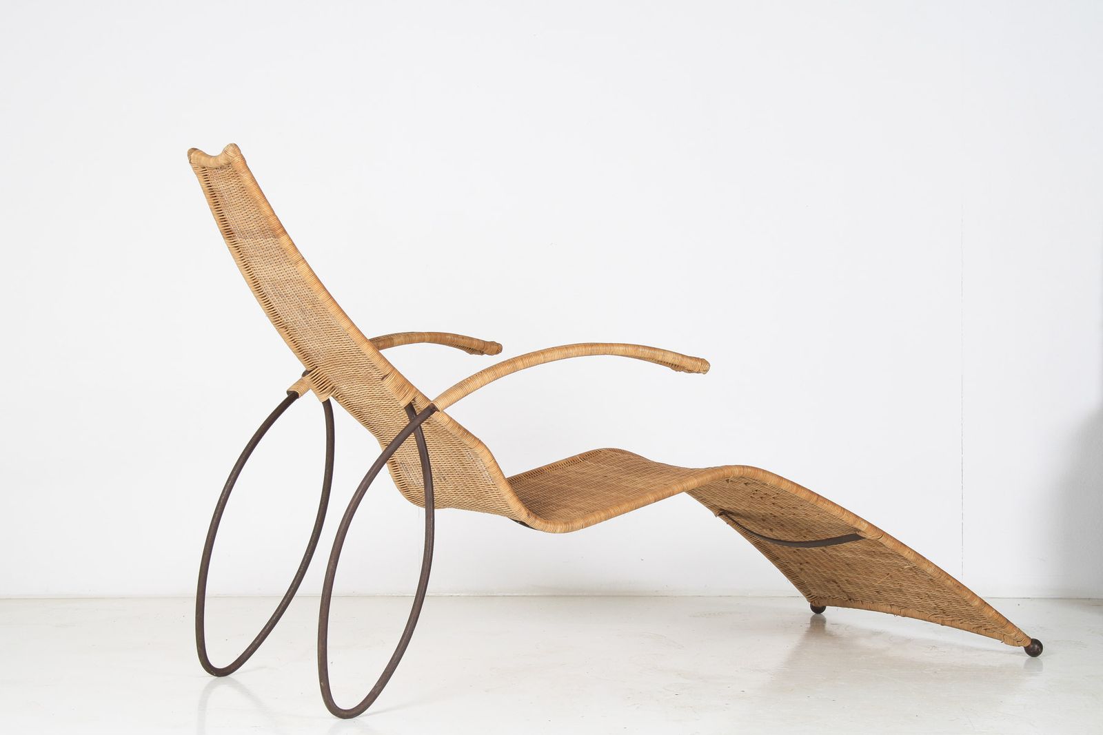Furniture 1930s Modernist Wrought Iron Frame Wicker Sun Longer Chaise With Arms And Footrest photo