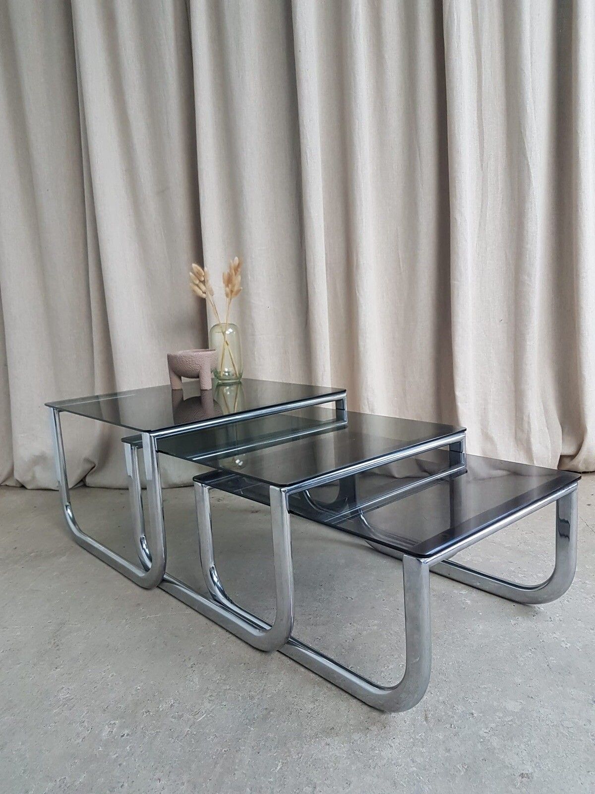 Vtg Mid Century Chrome 70s Modernist Nest Of Tables Danish Retro R330