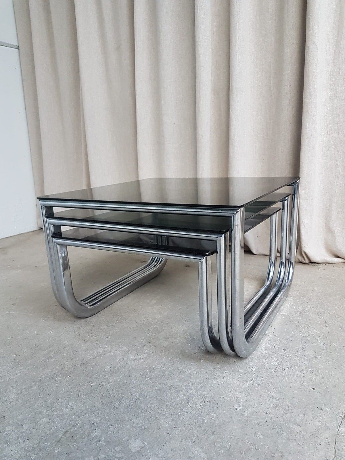 Vtg Mid Century Chrome 70s Modernist Nest Of Tables Danish Retro R330 photo Furniture