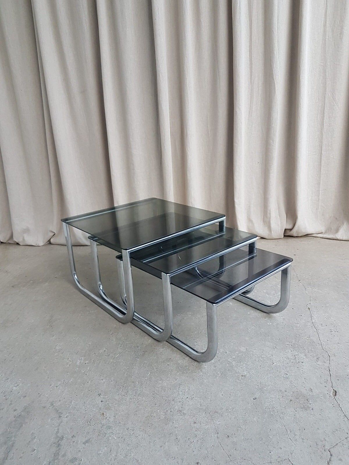 Vtg Mid Century Chrome 70s Modernist Nest Of Tables Danish Retro R330 photo vinterior