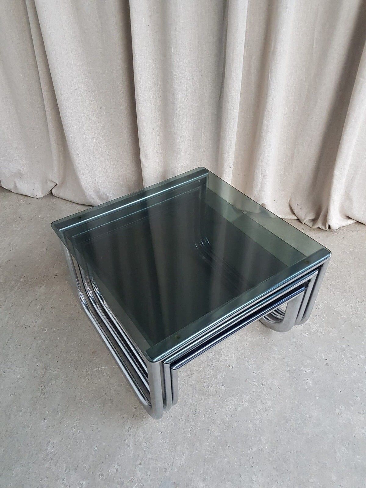 Vtg Mid Century Chrome 70s Modernist Nest Of Tables Danish Retro R330 photo buy