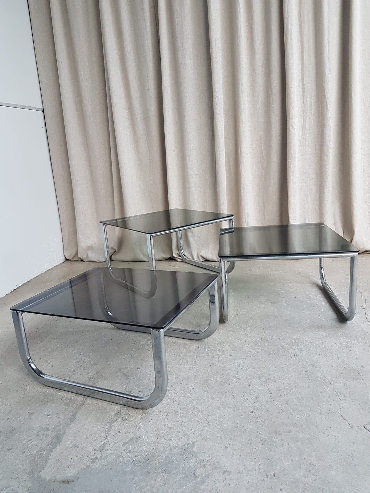 Vtg Mid Century Chrome 70s Modernist Nest Of Tables Danish Retro R330 photo vintage